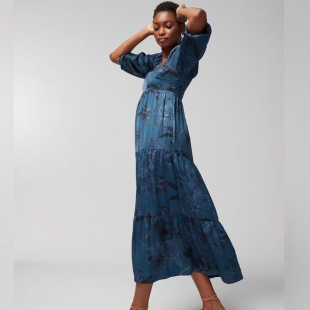 Soma‎ Built in Bra Satin Tiered Maxi Dress Blue Paloma Floral Pockets Large
